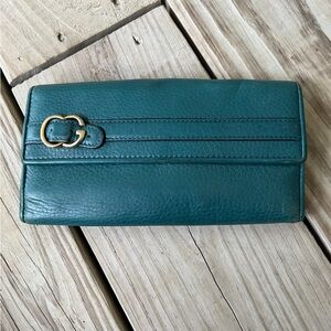 Vintage Gucci wallet teal leather foldover GG buckle gold turquoise green